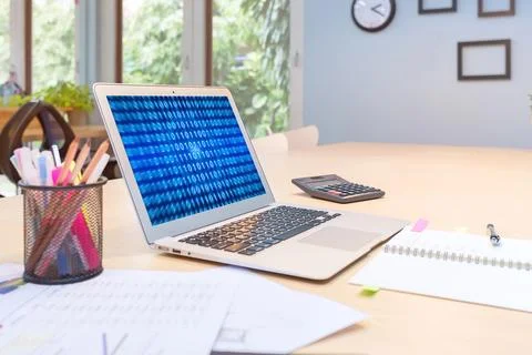 Smart laptop with big data analysis background on screen for internet of th.. 스톡 사진