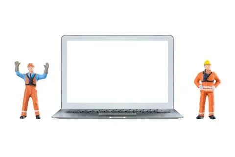Smart laptop computer with white blank screen and miniature people Stock Photos