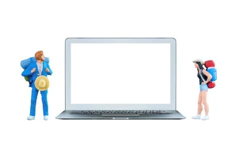 Smart laptop computer with white blank screen and miniature tourists people Stock Photos