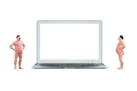 Smart laptop computer with white blank screen and miniature fat people Photos
