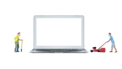 Smart laptop computer with white blank screen and miniature gardener people Photos