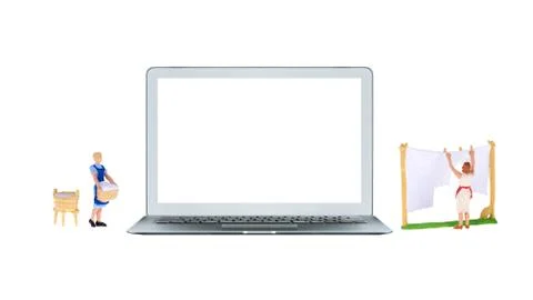 Smart laptop computer with white blank screen and miniature people Stock Photos