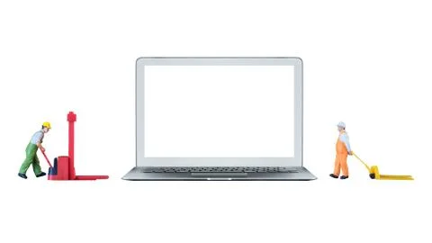 Smart laptop computer with white blank screen and miniature worker people Stock Photos