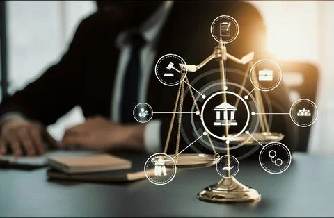 Smart law, legal advice icons and astute lawyer working tools in lawyers office Stock Photos