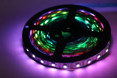 Smart LED strip lights with variable colors in a spool or reel 스톡 사진