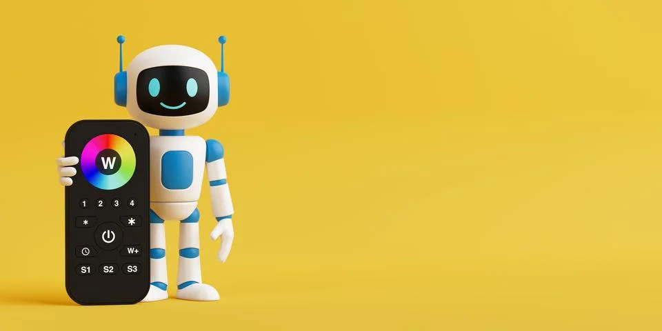 Smart Light Control And AI Technology Concept. Friendly AI Robot Holding Co.. Illustrazione stock