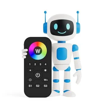 Smart Light Control And AI Technology Concept. Friendly AI Robot Holding Co.. Illustrazione stock