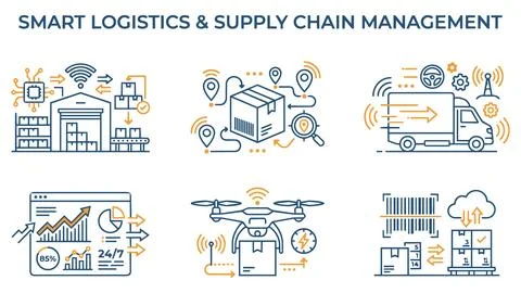 Smart logistics and global supply chain management icons with logistics Stockillustratie