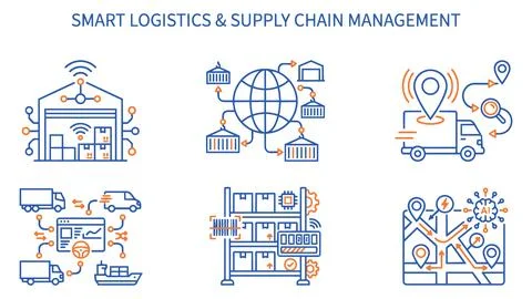 Smart logistics and supply chain management icons with management, technology Stock Illustration