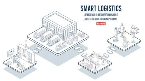 Smart logistics automated warehouses, efficient labor, wireless transport, .. Stock Illustration