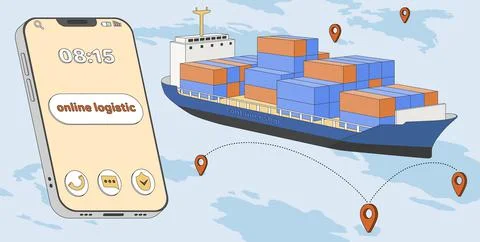 Smart logistics with cargo ship containers and huge smartphone Stock Illustration
