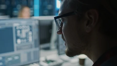 Smart Male IT Programer Working on Desktop Computer in Data Center Technical Sys Stock Footage 103270908
