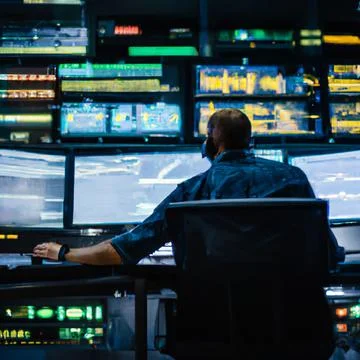 Smart Male IT Programer Working on Desktop Computer in Data Center Techni.. Stock Photos