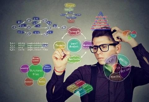 Smart man analyzing human needs and hierarchy writing self development plan Stock Photos