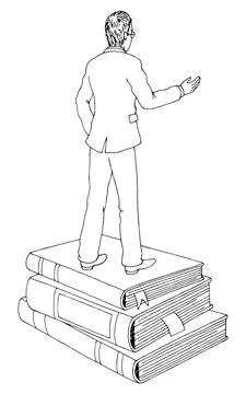 Smart man standing on a stack of books and showing hand isolated graphic black w Stock Illustration