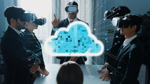 Smart manager using VR glass to connect cloud data storage server. Directorate. Stock Photos