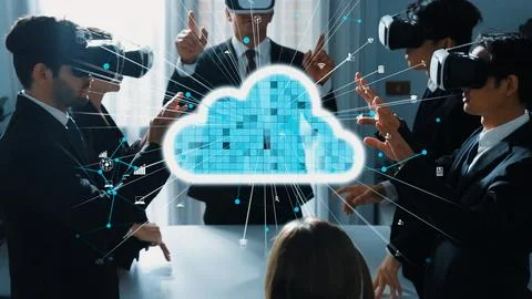 Smart manager using VR glass to connect cloud data storage server. Directorate. Stock Photos
