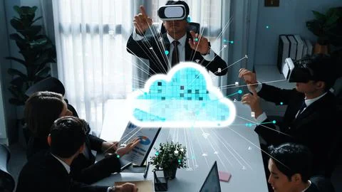 Smart manager using VR glass to connect cloud data storage server. Directorate. Stock Photos