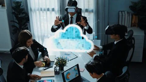 Smart manager using VR glass to connect cloud data storage server. Directorate. Stock Photos