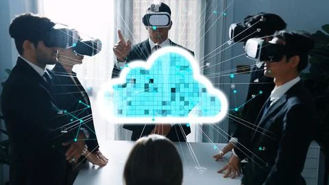 Smart manager using VR glass to connect cloud data storage server. Directorate. Stock Photos