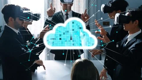 Smart manager using VR glass to connect cloud data storage server. Directorate. Foto stock