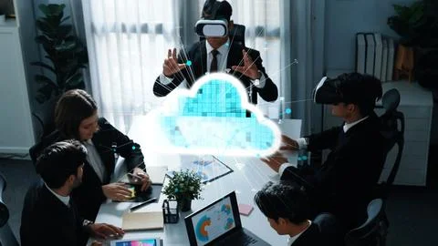 Smart manager using VR glass to connect cloud data storage server. Directorate. Stock Photos