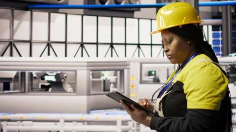 Smart manufacturing factory engineer using tablet app to calibrate machinery Stock Footage 308727462