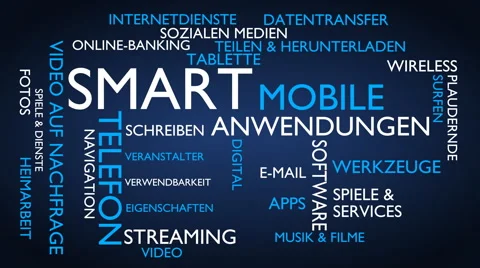 Smart, mobile, applications word tag cloud - blue, German variant Stock Footage 68533000