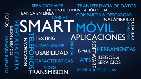 Smart, mobile, applications word tag cloud - blue, Spanish variant Stock Footage 68536774