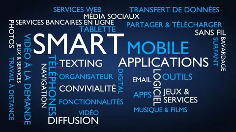 Smart, mobile, applications word tag cloud - blue, French variant Stock Footage 68538860