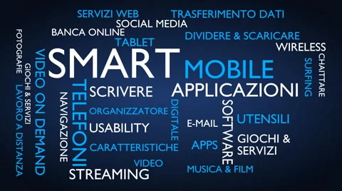 Smart, mobile, applications word tag cloud - blue, Italian variant Stock Footage 68540675