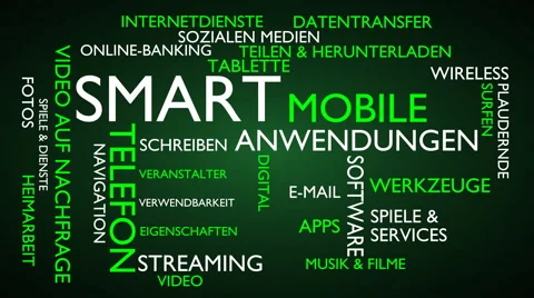 Smart, mobile, applications word tag cloud - green, German variant Stock Footage 68542247