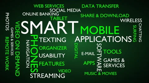 Smart, mobile, applications word tag cloud - green, English variant 스톡 동영상 68543610