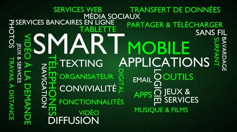 Smart, mobile, applications word tag cloud - green, French variant Stock Footage 68545313