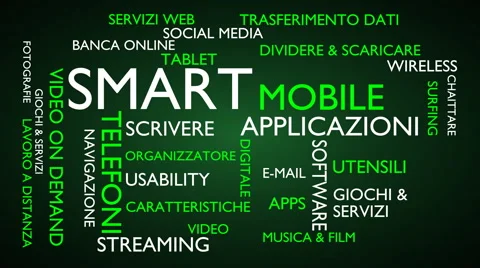Smart, mobile, applications word tag cloud - green, Italian variant Stock Footage 68546074