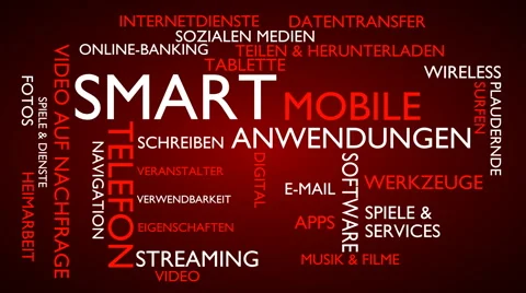 Smart, mobile, applications word tag cloud - red, German variant Stock Footage 68644054
