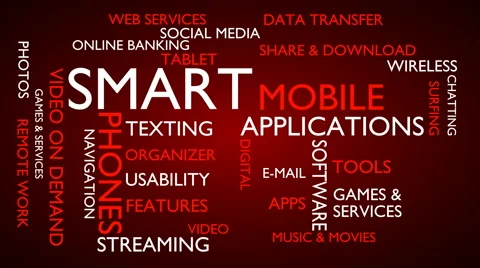 Smart, mobile, applications word tag cloud - red, English variant Stock Footage 68645522