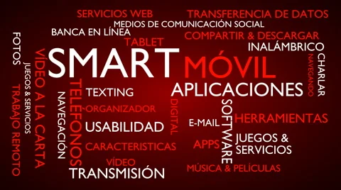 Smart, mobile, applications word tag cloud - red, Spanish variant Stock Footage 68646793