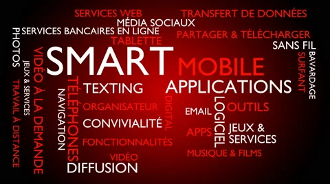 Smart, mobile, applications word tag cloud - red, French variant Stock Footage 68648721