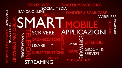 Smart, mobile, applications word tag cloud - red, Italian variant Stock Footage 68650563