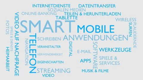 Smart, mobile, applications word tag cloud - white, German variant Stock Footage 68853443