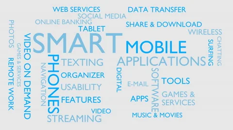 Smart, mobile, applications word tag cloud - white, English variant Stock Footage 68854420