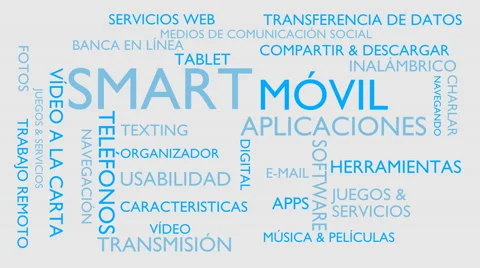 Smart, mobile, applications word tag cloud - white, Spanish variant Stock-Footage 68855351