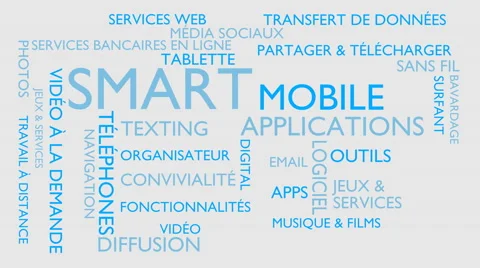 Smart, mobile, applications word tag cloud - white, French variant 스톡 동영상 68856262