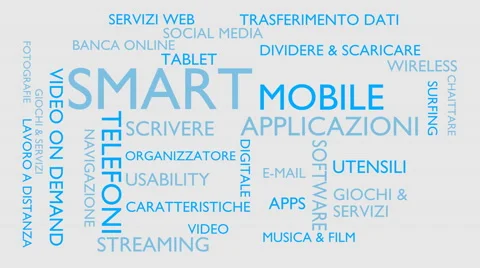 Smart, mobile, applications word tag cloud - white, Italian variant 스톡 동영상 68856959