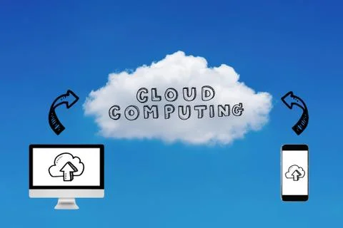 Smart modern computer PC and smartphone with up load icon on screen. Stock Photos