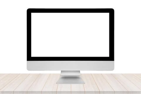 Smart modern PC with blank white screen on wooden table with white background 스톡 사진