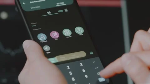 Smart money management. Using technology to track budget. A person who uses a Stock Footage 250384084