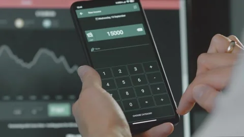 Smart money management. Using technology to track budget. A person who uses a Stock Footage 250384384