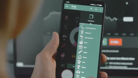 Smart money management. Using technology to track budget. A person who uses a Stock Footage 250385114